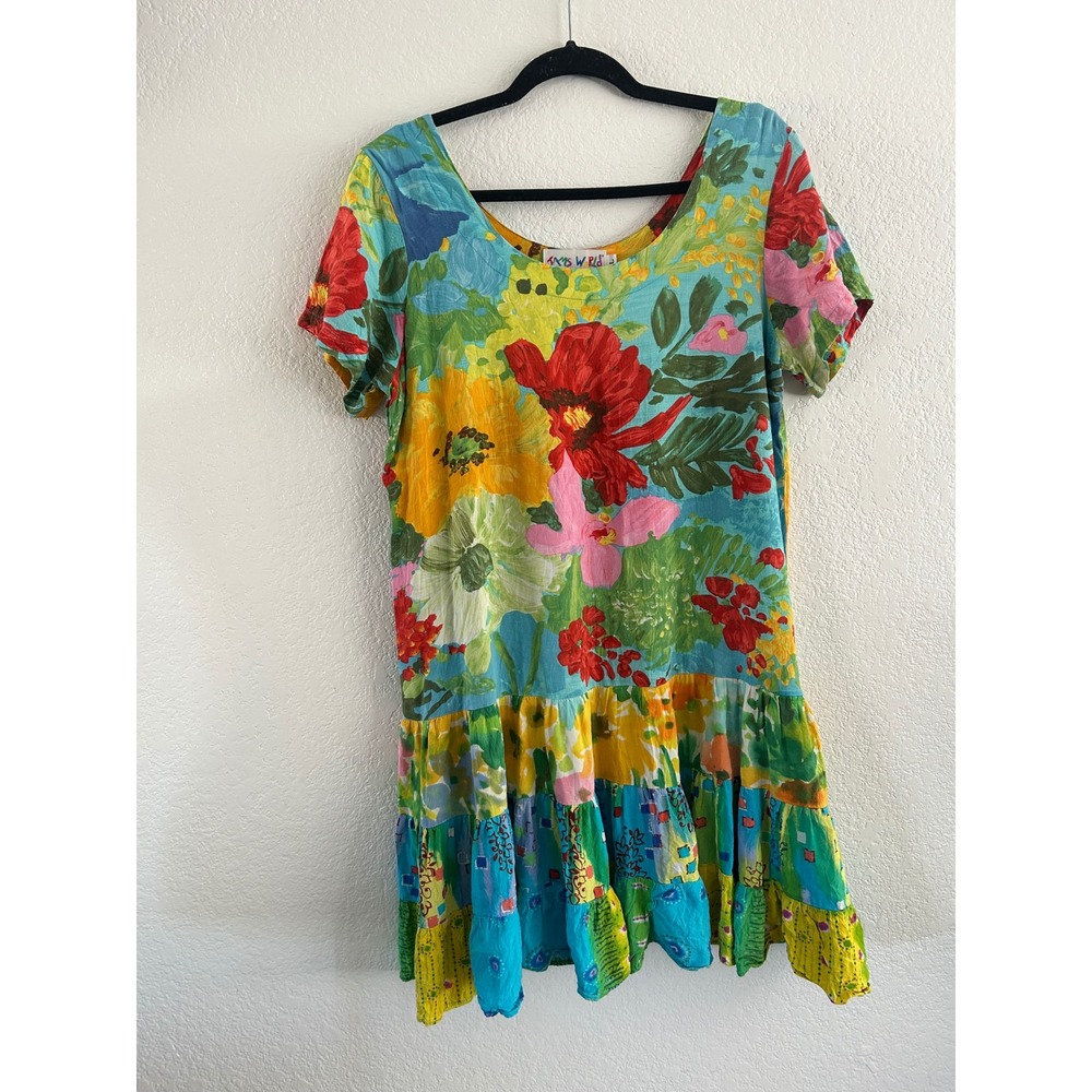 Vintage Jams World Tropical Floral Patchwork Tiered Midi Dress L 2000s Dopamine - Picture 13 of 13